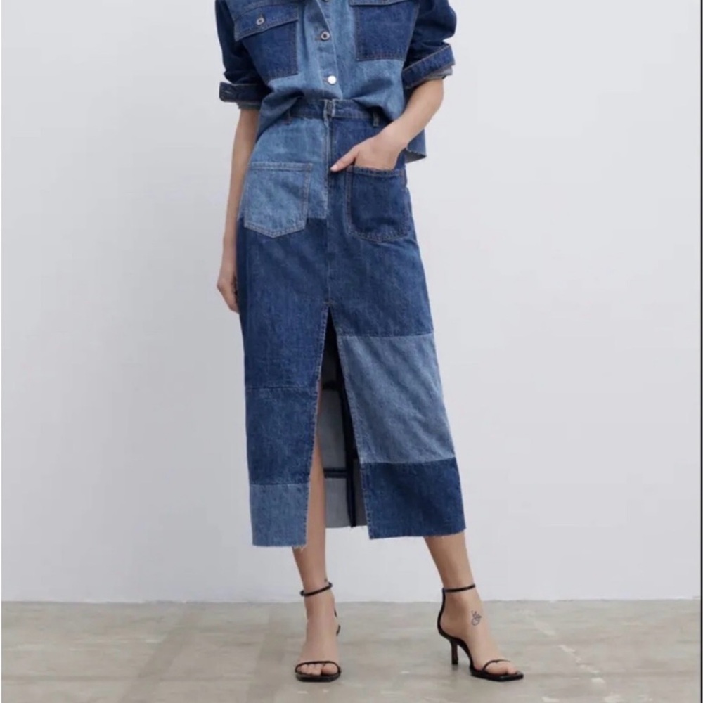 Zara Denim Patchwork Long Blue Skirt - Picture 3 of 7